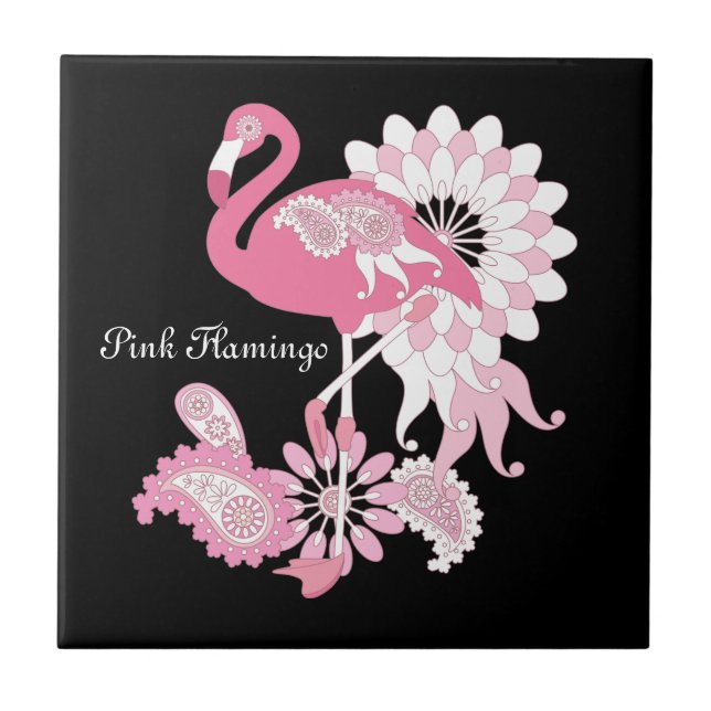 Whimsical Modern Black Pink Flamingo Tile (Front)