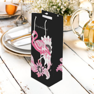 Whimsical Modern Black Pink Flamingo Wine Gift Bag