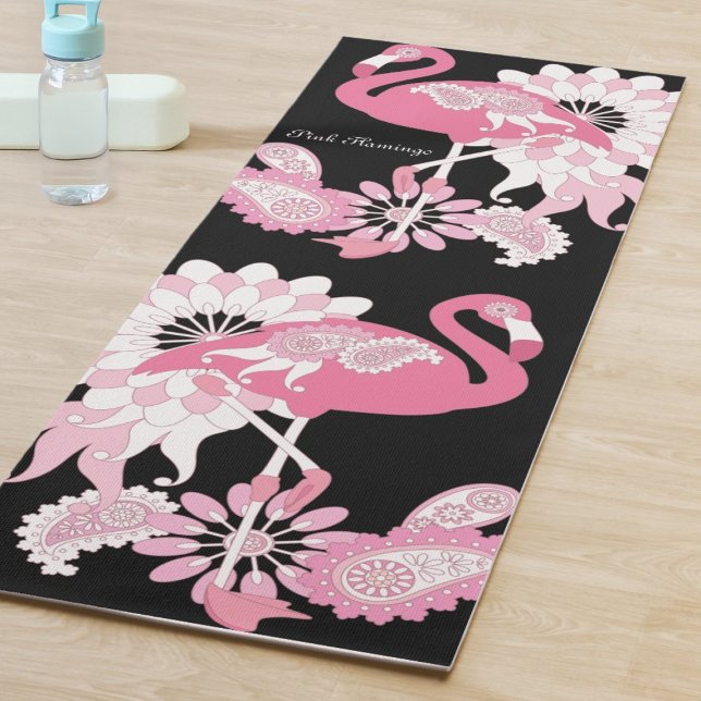 Whimsical Modern Black Pink Flamingo Yoga Mat (Creator Uploaded)