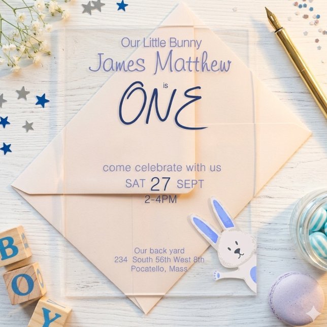 Whimsical Modern Blue Bunny 1st Birthday Acrylic Invitations (Creator Uploaded)