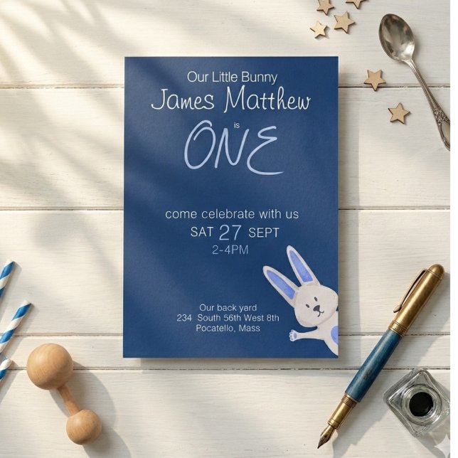 Whimsical Modern Blue Bunny 1st Birthday Invitation (Creator Uploaded)