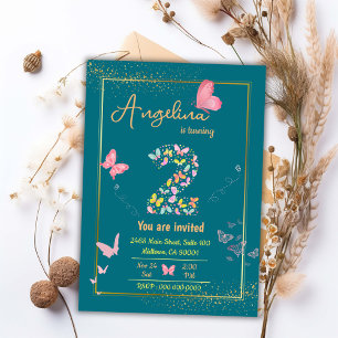 Whimsical modern butterfly teal 2nd birthday invitation