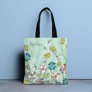 Whimsical Modern Floral Nature Girly Name Tote Bag