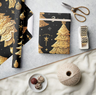 Whimsical Modern Gold Christmas Trees Wrapping Paper