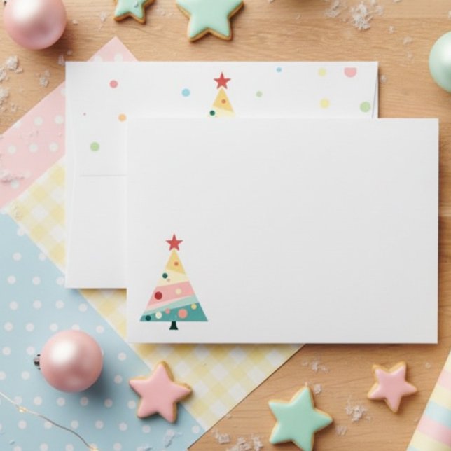Whimsical Modern Pastel Christmas Tree Envelope (Pastel color polka dot Christmas tree card envelope)