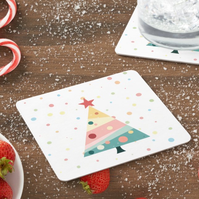 Whimsical Modern Pastel Polka Dot Christmas Coaster (Pastel color polka dot Christmas tree drink coaster)
