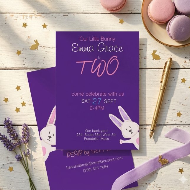 Whimsical Modern Pink Bunny 2nd Birthday Invitation (Creator Uploaded)