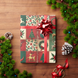 Whimsical Modern Red & Green Christmas Floral Wrapping Paper