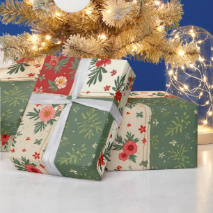 Whimsical Modern Red & Green Christmas Floral  Wrapping Paper