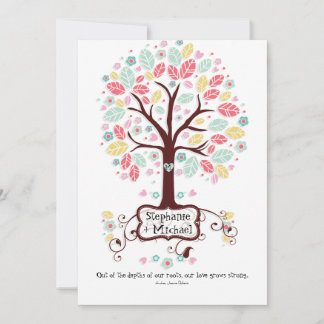 Whimsical Modern Swirl Heart Flower Tree Wedding Invitation
