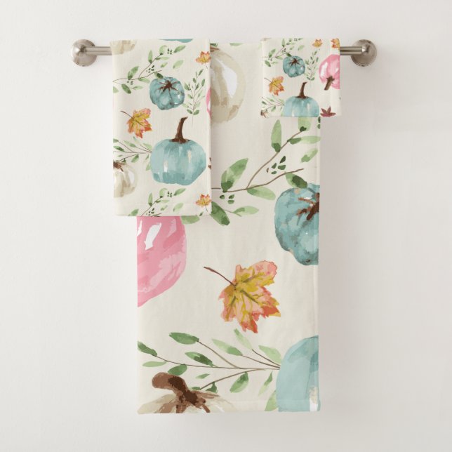 Whimsical Modern watercolor autumn pumpkin foliage Bath Towel Set (Insitu)