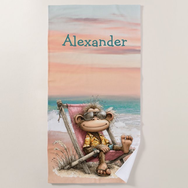 Whimsical Monkey Beach Scene Personal Towel (Front)