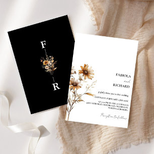 Whimsical Monogram BLack Wildflower Wedding  Invitation