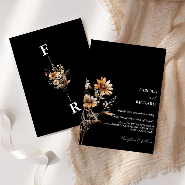 Whimsical Monogram BLack Wildflower Wedding  Invitation (Creator Uploaded)