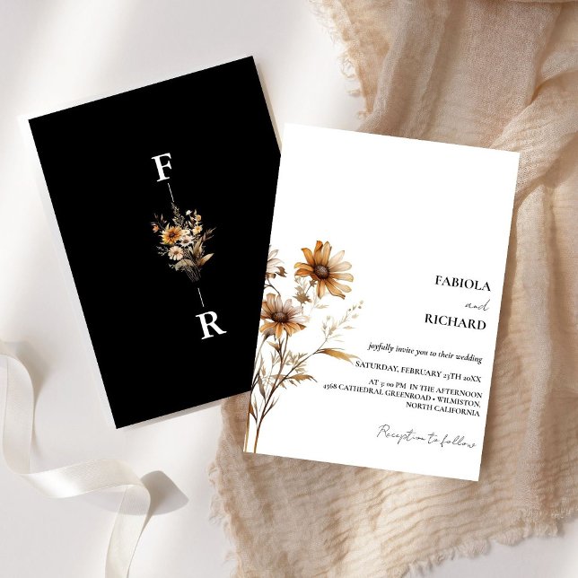 Whimsical Monogram BLack Wildflower Wedding  Invitation (Creator Uploaded)