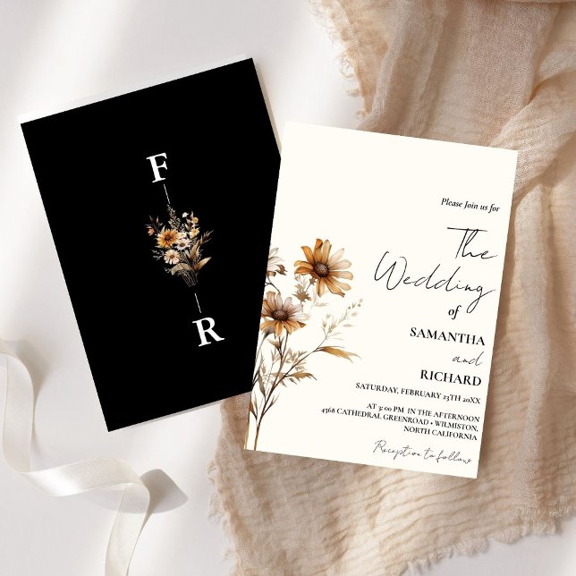 Whimsical Monogram BLack Wildflower Wedding  Invitation (Creator Uploaded)