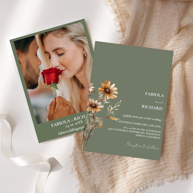 Whimsical Monogram Boho Green Wildflower Wedding  Invitation (Creator Uploaded)