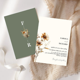 Whimsical Monogram Ivory Green Wildflower Wedding Invitation
