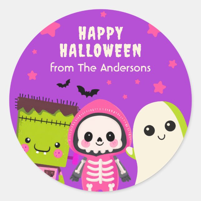 Whimsical Monster Mash Happy Halloween Purple Classic Round Sticker (Front)