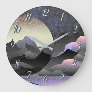 Whimsical Moon and Mountains Abstract Art Large Clock