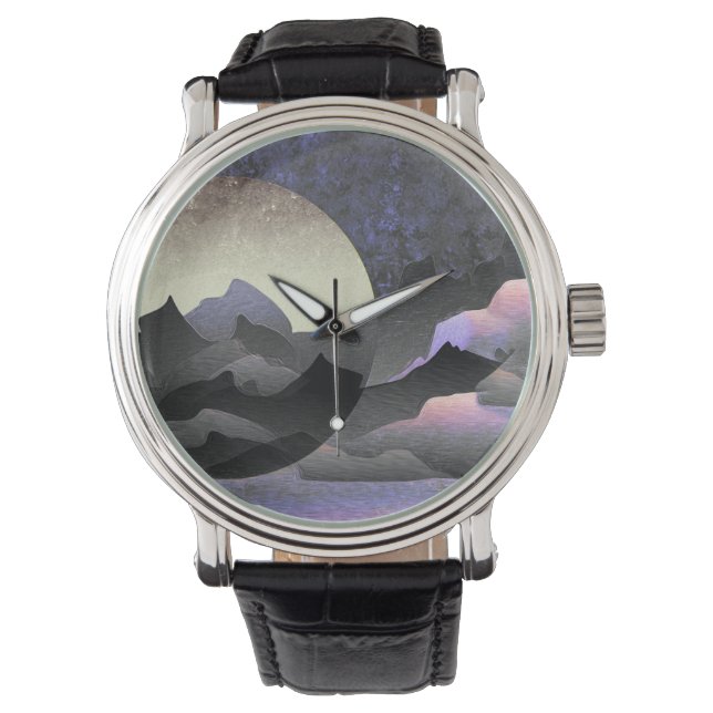Whimsical Moon and Mountains Abstract Art Watch (Front)