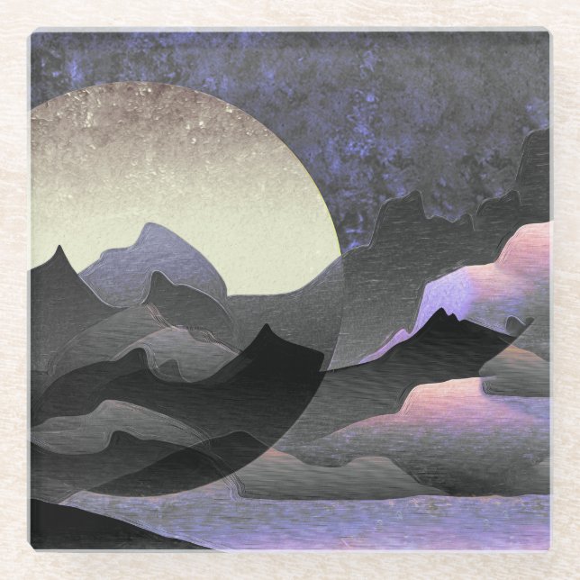 Whimsical Moon and Mountains Art Glass Coaster (Front)