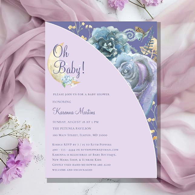 Whimsical Moon Lavender Purple Oh Baby Shower Invitation (Creator Uploaded)