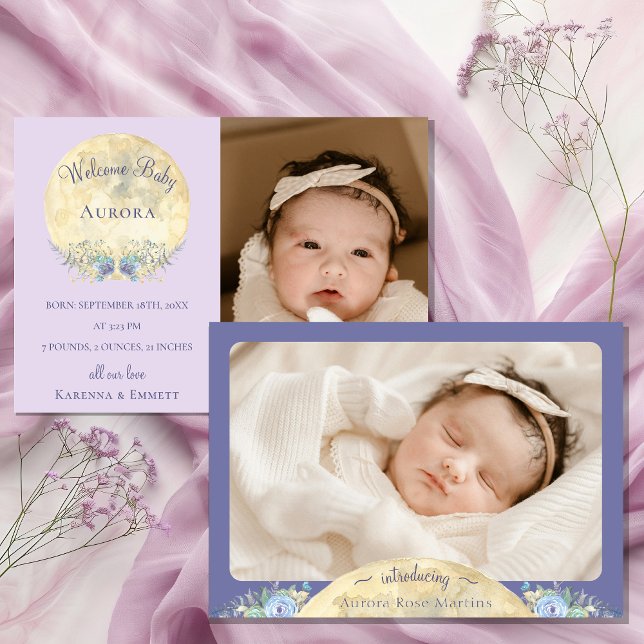 Whimsical Moon Lavender Purple Two Photo Birth Announcement (Creator Uploaded)
