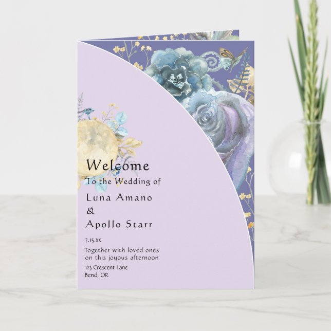 Whimsical Moon Purple Folded Wedding Program Programme (Front)