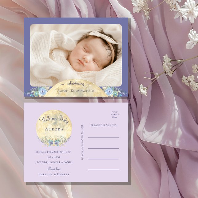 Whimsical Moon Purple Photo Birth Announcement (Creator Uploaded)