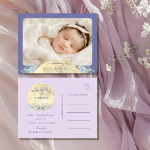 Whimsical Moon Purple Photo Birth Announcement Postcard