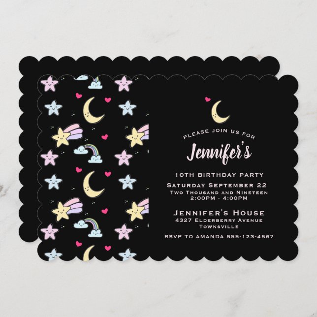 Whimsical Moon, Stars and Clouds on Black Birthday Invitation (Front/Back)