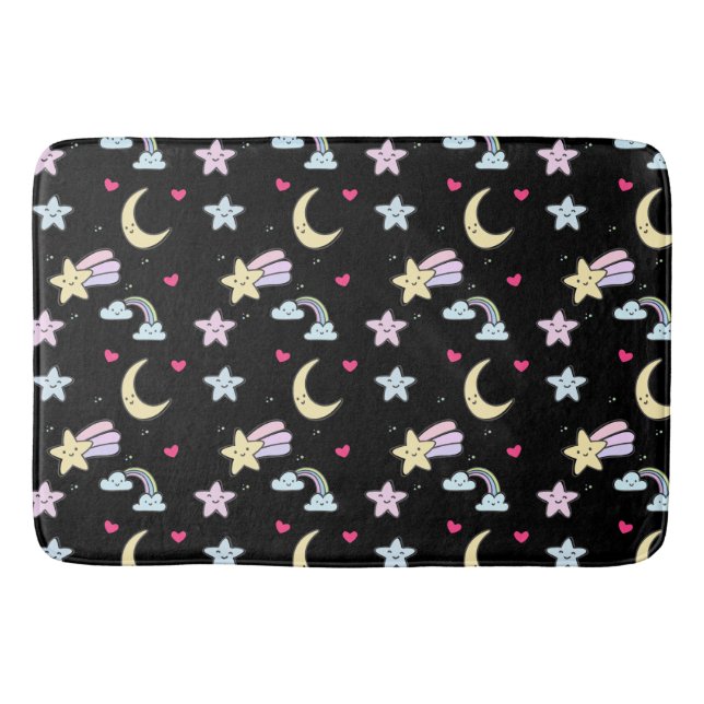 Whimsical Moon, Stars and Clouds Pattern on Black Bath Mat (Front)