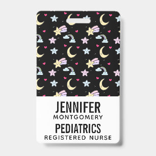 Whimsical Moon, Stars and Clouds Pattern on Black ID Badge