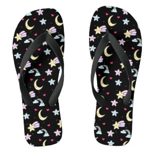 Whimsical Moon, Stars and Clouds Pattern on Black Jandals