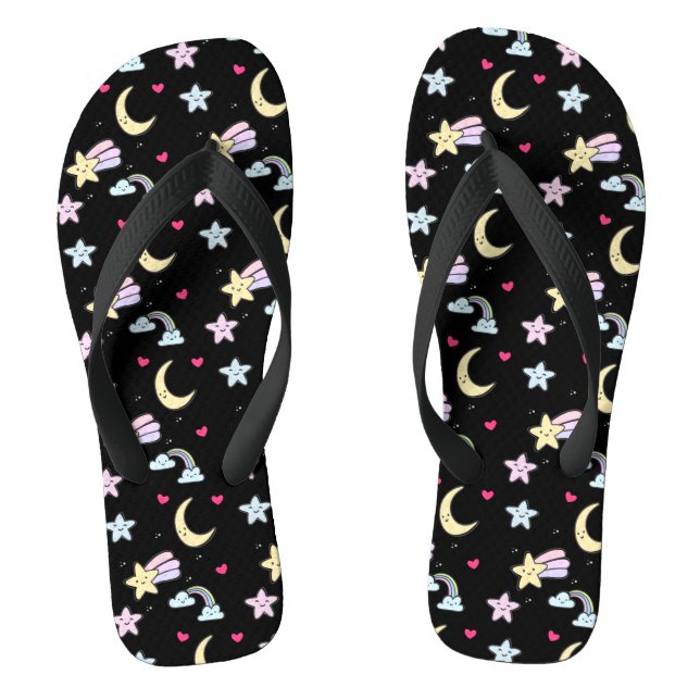 Whimsical Moon, Stars and Clouds Pattern on Black Jandals (Footbed)