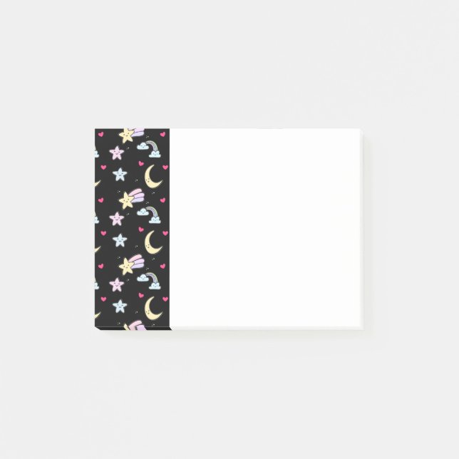 Whimsical Moon, Stars and Clouds Pattern on Black Post-it Notes (Front)