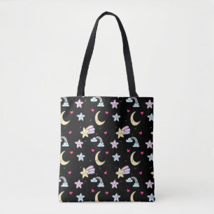 Whimsical Moon, Stars and Clouds Pattern on Black Tote Bag