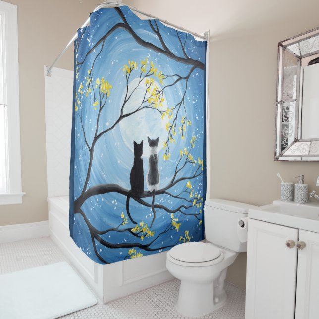 Whimsical Moon with Cats Shower Curtain (In Situ)