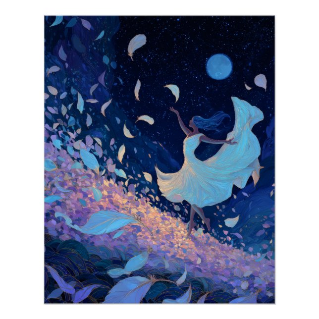 Whimsical Moonlit Dance Blue Fantasy Art Poster (Front)