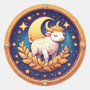 Whimsical Moonlit Ox Medallion Artwork Classic Round Sticker