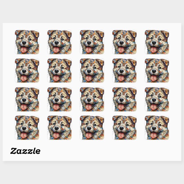 Whimsical Mosaic style patterned dog Square Sticker (Sheet)