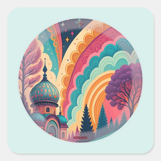 Whimsical Mosque Rainbow Sticker – Customisable (Front)