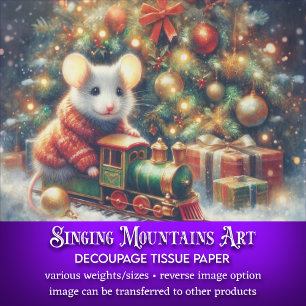 Whimsical Mouse Riding Toy Train Festive Decoupage Tissue Paper