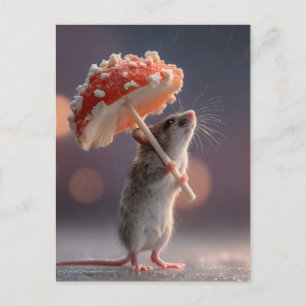 Whimsical Mouse Using a Mushroom as an Umbrella Holiday Postcard