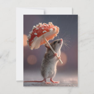 Whimsical Mouse Using a Mushroom as an Umbrella Postcard