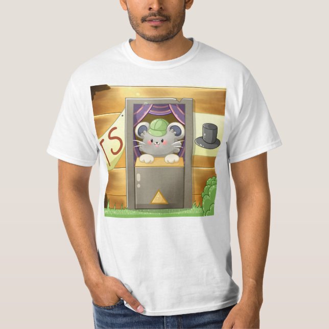 Whimsical Mouse Vendor – Cute Hat Booth Character T-Shirt (Front)