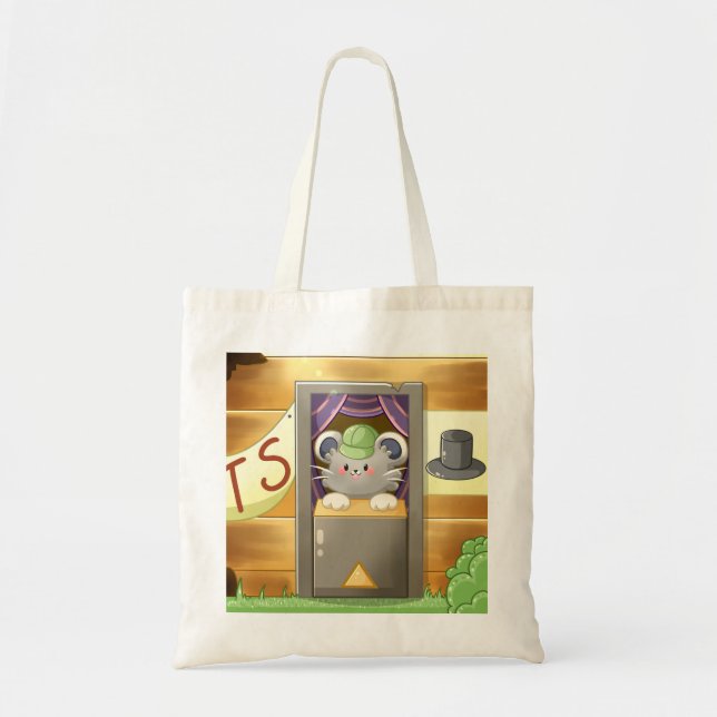 Whimsical Mouse Vendor – Cute Hat Booth Character Tote Bag (Front)