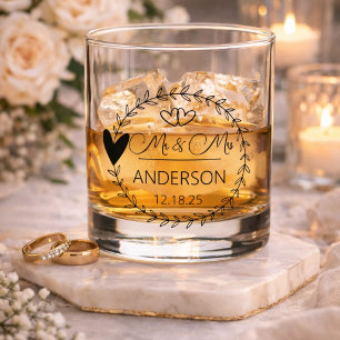 Whimsical Mr and Mrs Custom Names Wedding Favour Whiskey Glass