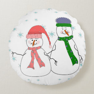 Whimsical Mr. and Mrs. Snowman Snowing Winter Art Round Cushion